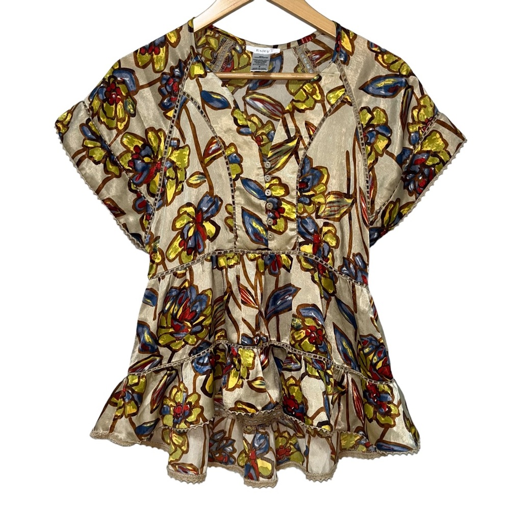 Esley Floral Satin Peplum Blouse Gold Blue Flutter Sleeve V-Neck Hi-Low  Sm #160
